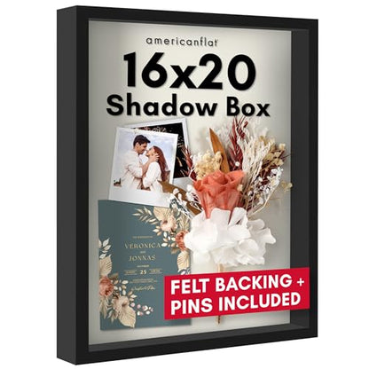 Americanflat 16x20 Shadow Box Frame with Polished Plexiglass - Silhouette Collection - Large Shadow Box Display Case for Tabletop and Wall Display - Black with Soft Felt Back - color: Black, size: 16x20
