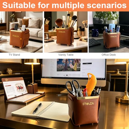 Pen Pencil Holder for Desk,Makeup Brush Holder Organizer for Desk, Brown Vegan Leather, Gold-Tone Accents, Stylish Desktop Organizer