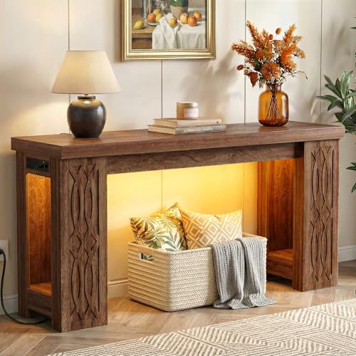 Cyclysio 63" Console Table with Outlet, Farmhouse Entryway Table with Colorful LED Lights, Wooden Sofa Table with Unique Carved Design, Foyer Accent Table for Entrance, Hallway, Living Room - color: Rustic Oak, size: 63 Inch