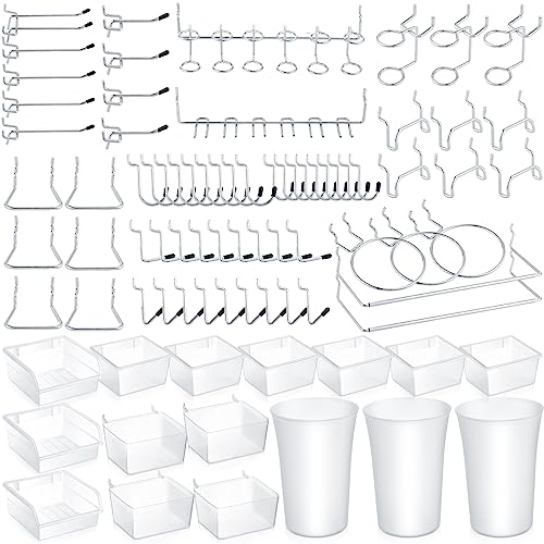 Zubebe 106 Pcs Pegboard Hooks Assortment with Bins, Pegboard Accessories Organizer Kit Include Bins with Hooks and Loops Paper Towel Craft Holder for Hanging Tool(Silver, Clear)