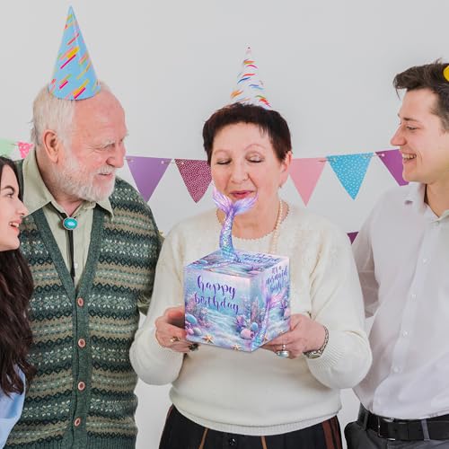 Mermaid Birthday Money Box for Cash Pull, Happy Birthday Boxes Gifts for Money Pull Out Card, 50Pcs Transparent Bags - color: Blue