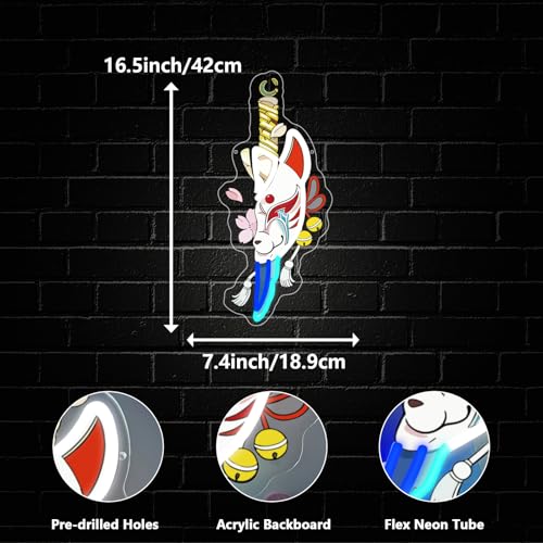 Anime Neon Sign, Japanese Fox Face Led Neon Light Signs for Wall Decor Light up Sign for Bedroom Game Room Party Decoration Birthday Gift for Girl Christmas Dimmable USB Powered(16.5"*7.4") - style: FOX
