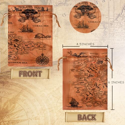 RICHNESS 16pcs Pirate Party Favor Bags Treasure Map Bag with Drawstring Closure Satin Party Loot Bags 4.5X6 Inches Goodie Bags - color: Brown