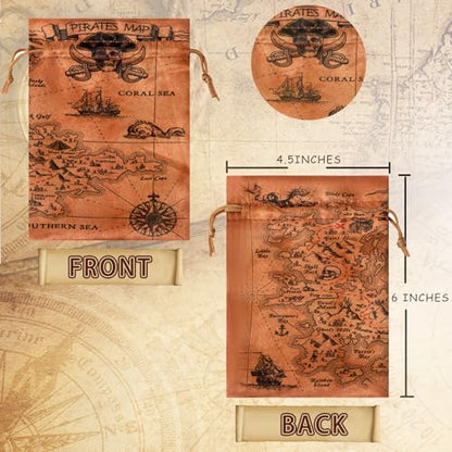 RICHNESS 16pcs Pirate Party Favor Bags Treasure Map Bag with Drawstring Closure Satin Party Loot Bags 4.5X6 Inches Goodie Bags - color: Brown