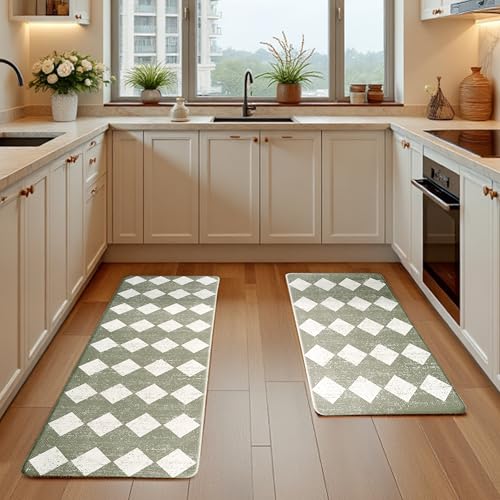 Sage Green Moroccan Trellis Checkered Kitchen Rug Sets [2 PCs], Anti-Fatigue, Waterproof Non-Slip Kitchen Mats Heavy Duty Ergonomic Comfort Foam Rug for Floor, Home, Laundry,17"x29"+17"x47" - color: Trellis-sage, size: 17.3"x29"+17.3"x47"-0.4"H