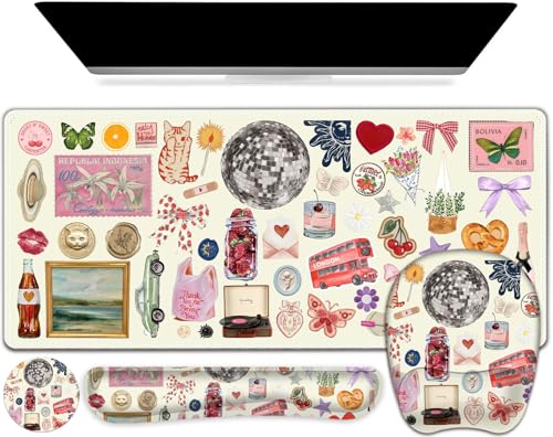 Beige Mouse Pad with Wrist Support 4 in1 Set, XXL Big Game Mousepad + Keyboard Wrist Rest + Mouse Wrist Rest Pad +Coaster Gaming Mat for Home Office Work Computer I Cute Design Stickers - color: Cute Design Stickers