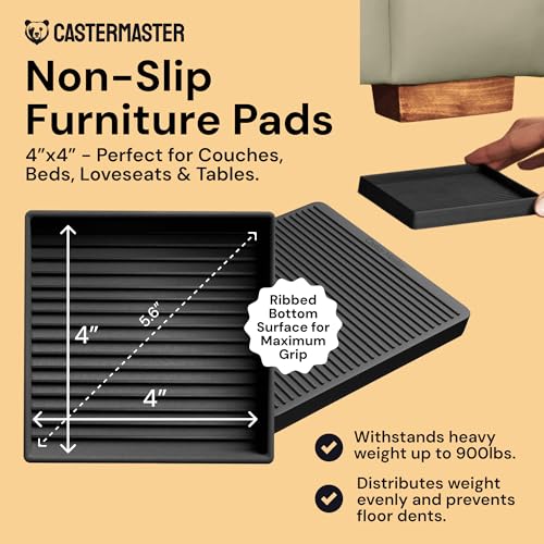 CasterMaster Square Caster Cups - 4 in Black, 4 Pack, Non-Slip | Heavy-duty rubber caster cups - Use for bed, sofa & chair legs on hardwood, stop sliding - color: Black, size: 4'' x 4'' (Pack of 4)