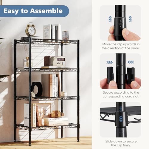 DUMOS 4-Tier Metal Wire Storage Shelves, Adjustable Standing Storage Rack Shelf, Heavy Duty Steel Shelving Unit Organizers for Kitchen Bathroom Pantry Garage, 23.3" Wx13.4 Dx47 H, Black - size: 4 Tier-47"H without wheels