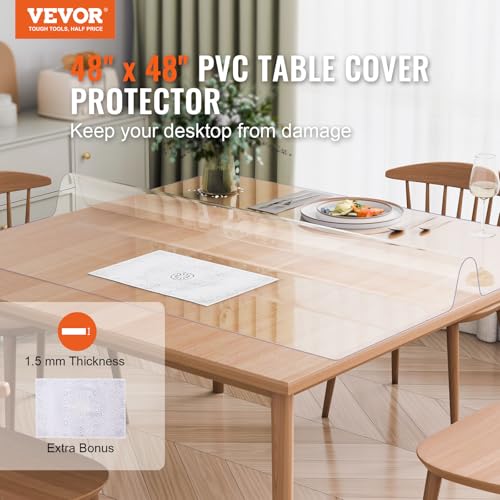 VEVOR Plastic Table Cover, 48 x 48 Inch 1.5 mm Thick Clear PVC Protector, Square PVC Desk Mat, Waterproof & Easy Cleaning Desk Pad Tablecloth, for Office, Dresser, Dining Room, Night Stand - size: 48" x 48" (Square)