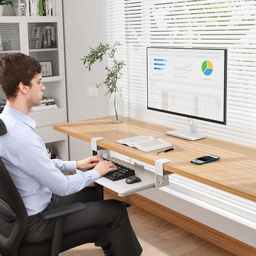 BONTEC KMT01-PJ Under Desk Keyboard Tray, Pull-Out Keyboard & Mouse Platform with C-Clamp, 20 x 11.8 in Space-Saving Ergonomic Slide-Out Drawer, White - color: White, size: 20" x 11.8"