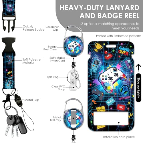 Gaming Lanyards for ID Badge, Gift for Teacher Nurse Women Men | Blue Game Lanyard ID Card Holder with Retractable Reel Clip and Keychain, Identity Badge Cover Case Protector - color: Game-blue