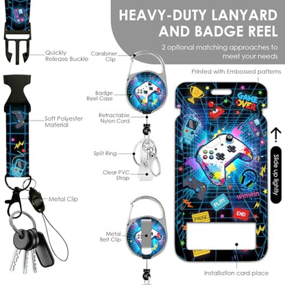 Gaming Lanyards for ID Badge, Gift for Teacher Nurse Women Men | Blue Game Lanyard ID Card Holder with Retractable Reel Clip and Keychain, Identity Badge Cover Case Protector - color: Game-blue