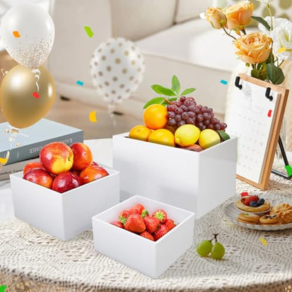 6Pcs White Acrylic Buffet Risers with 6 Mini Signs, Nesting Food Display Stands for Buffet Table with Hollow Bottoms for Parties, Weddings, Desserts, and Collectibles (8"-7"-6"-5"-4"-3")