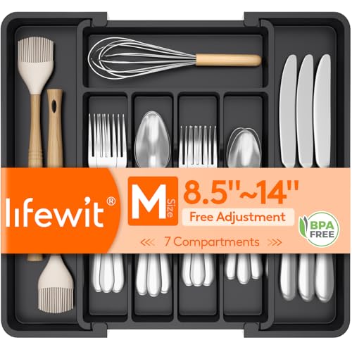 Lifewit Expandable Silverware Organizer, Plastic Utensil Tray for Kitchen Drawer, BPA Free Flatware Cutlery Holder, Space-Saving Storage for Spoons Forks Knives, 8-13.8 x 11.2 x 1.4 inch, Black - color: Black, size: Medium (8-13.8''W x 11.2''D)