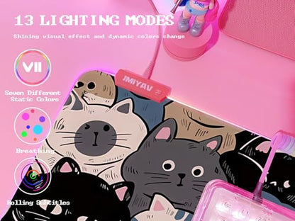 JMIYAV Pink RGB Gaming Mouse Pad 31.5x12 Inch PC XL Large Extended Glowing Led Light Up Desk Pad Non-Slip Rubber Base Computer Cute Mousepad Mat Desk Accessories Gaming Setup Cat Pile - color: Cat Pile