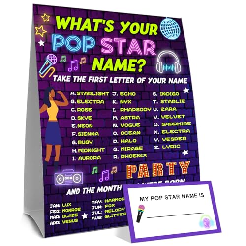 What's Your Pop Stars Name Game, What's Your Pop Stars Name Game Card, PopStars Names Games Sign and 30 Sticker Cards, Birthday Party Decor Names for Boys Girls, Birthday Parties Games Decorations - style: Pop