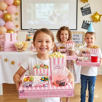 100 PCS Pink Movie Night Party Supplies Set, Movie Snack Trays with Popcorn Boxes, Treat Boxes and Invitation Cards, Cute Disposable Snack Holders for Girls' Night Birthday Sleepover Pajama