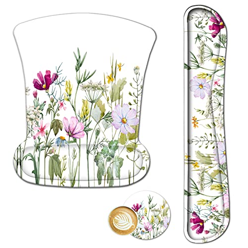 ArtSo Mouse Pad Wrist Support and Keyboard Wrist Rest, Ergonomic Memory Foam Mousepad Non-Slip Easy Typing and Pain Relief for Gaming, Computer, Office, Laptop, White Flowers Plants - color: White Flowers Plants