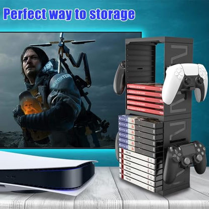 SIKEMAY Game Storage Tower for PS5/PS4/Xbox Series S & X - Universal Video Game Disc Organizer with 24 PCS Holders, 4 Controller Slots & Stand Rack Accessories - Black