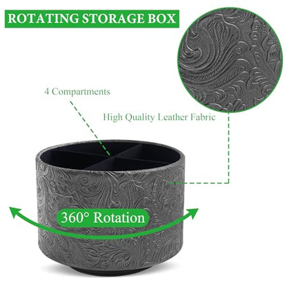 lizimandu Round Leather Art Supply Organizer,Remote Control Holder,360 Degree Spinning,Multi-Functional Pencil Holder,4 Compartments Desktop Stationary Organizer(1-Carved Black) - color: 1-Carved Black