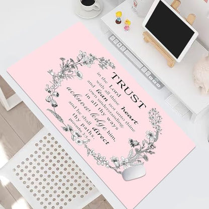 EOBTAIN Pink Large Mouse Pad Bible Verse Keyboard Mat 31.5x15.7 Inch Scripture XXL Extended Desk Mat Smooth Non-Slip Rubber Mousepad Relaxing Spiritual Desk Accessories for Office Home - color: Pink Grey
