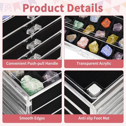 Bfttlity Acrylic Rock Display Case, 108 Grids Rock Collection Box for Kids, Clear Display Cases for Stones Collectibles Gemstone Crystals Storage Boxes (108 Grids) - size: 108 Grids