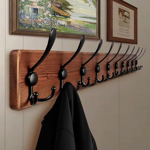 Large Coat Rack Wall Mount 38.6'' Rustic Wood Coat Rack Hook Long Coat Hooks Wall Mount Farmhouse Wall Hooks for Hanging Coat, Bags, Towels - color: Brown Plate & Black Hook, size: 1 Item-10 Hooks