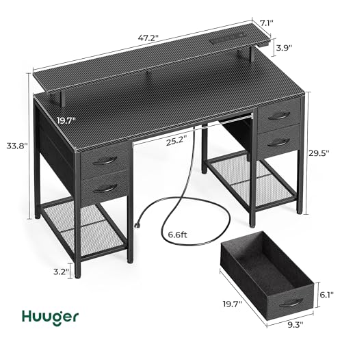 Huuger 47 inch Computer Desk with 4 Drawers, Gaming Desk with LED Lights & Power Outlets, Home Office Desk with Large Storage Space for Bedroom, Work from Home, Carbon Fibre Black - color: Carbon Fiber Black, size: 47 Inch