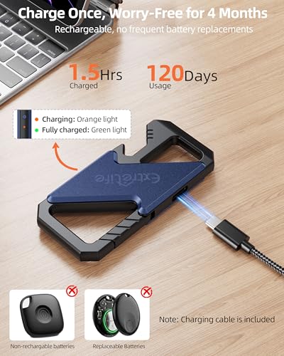 Keychain, Works with Apple Find My, Heavy Duty Keychain Bottle Opener, Carabiner Car Key Chains for Men & Women, Car Key Fob Holder, Anti-Lost Keys Tracker, Smart Keys Finder, Rechargeable, Navy Blue - color: Blue