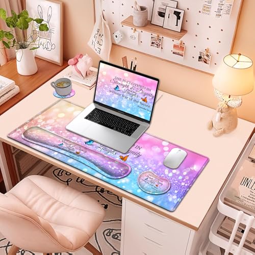 Large Mouse Pad + Keyboard Wrist Rest Set, Extended Gaming Mousepad (31.5X11.8 inch), Ergonomics Memory Foam Mouse Wrist Rest Support, Colorful Glitter Bokeh Proverbs 31:25 Pattern XXL Desk Pad - color: Yu-Mouse Pad-3-B46