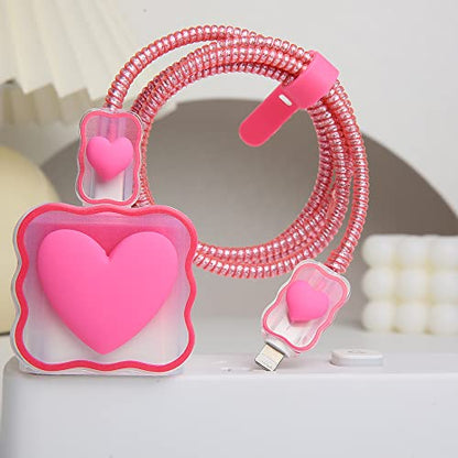 Compatible with iPhone 18W/20W USB-C Charger Cover Lovely 3D Love Heart Waves Clear Soft Charger Protector Cute Cable Saver for iPhone 11 12 13 14 Pro Max Fast Power Adapter, Rose 1 (5in1) - color: Rose 1 (5 in 1)