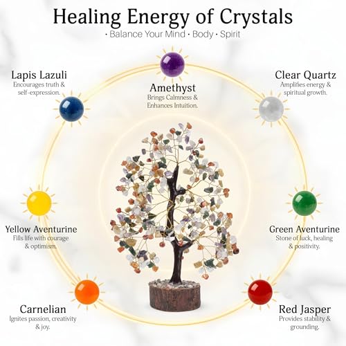 FASHIONZAADI Premium Crystal Tree of Life – 7 Chakra Tree for Healing, Positive Energy, Luck & Manifestation – – Ethically Handcrafted Gifts for Women, Spiritual Gifts for mom - color: Mix Crystals Golden Wire