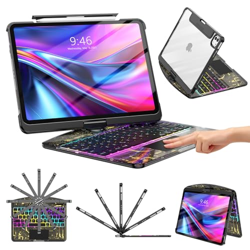 TSQQST Clear Wireless Keyboard Case for iPad Pro 13 Inch M5/M4 2025/2024 with Pencil Holder & Multi-Touch Trackpad, Visible PCB High-Tech Style, 3-Brightness & 7-Color Backlight, 360 Rotatable, Black - color: Clear+Black, size: Pro13 M5/M4