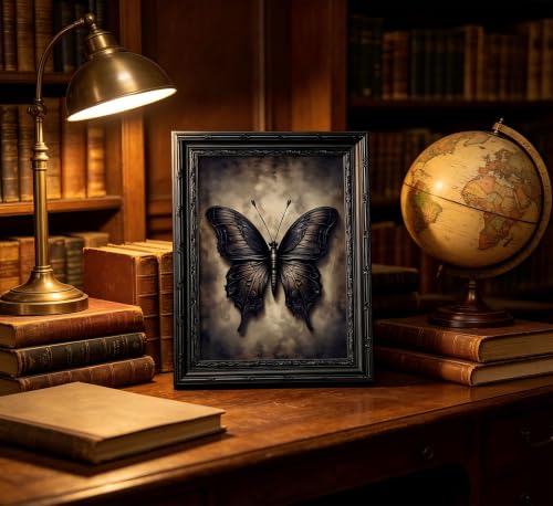 Gothic Black Butterfly Framed Wall Art - Dark Academia Witchy Canvas Print with Ornate Carved Frame, Ready to Hang Single Panel Decor for Bedroom Living Room Halloween - color: Black Butterfly, size: 11"L x 9"W