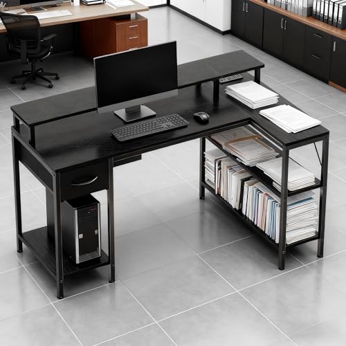 Simple Deluxe 53-inch L-Shaped Gaming Desk with LED Lights & Power Outlets, Reversible Corner Computer Desk with Monitor Riser, Drawer & Shelves, for Home Office, Black - color: Black, size: 53 inch
