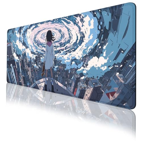 Japanese Anime Gaming Mouse Pad Cartoon Girl Cityscape Vortex Extended Mousepad Waterproof Stitched Edges Rubber Base Non-Slip Deskpad Computer Keyboard Mat 31.5x11.8 in - color: Japanese Anime, size: 31.5L x 11.8W inches