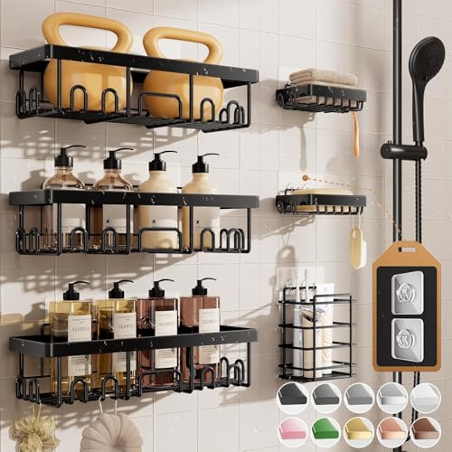 Veken Shower Caddy 6-Pack, Advanced Rustproof Design, No Drilling Adhesive Shelves, Rack with Soap Holder, Large Capacity Bathroom Organizers and Storage, Wall-Mounted Kitchen & Home Decor - color: Black