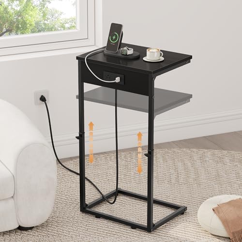Vagusicc C Shaped End Table with Charging Station, Adjustable Height Side Table for Couch,Small Side Table Small Spaces, 33.2'' Tall Couch Tables that Slide Under, Tv Tray Table for Living Room, Black - color: Black (1 Pack), style: With Plug