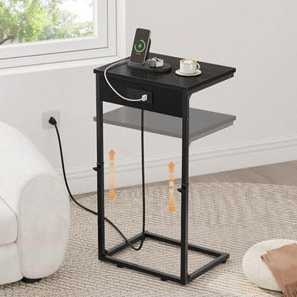 Vagusicc C Shaped End Table with Charging Station, Adjustable Height Side Table for Couch,Small Side Table Small Spaces, 33.2'' Tall Couch Tables that Slide Under, Tv Tray Table for Living Room, Black - color: Black (1 Pack), style: With Plug