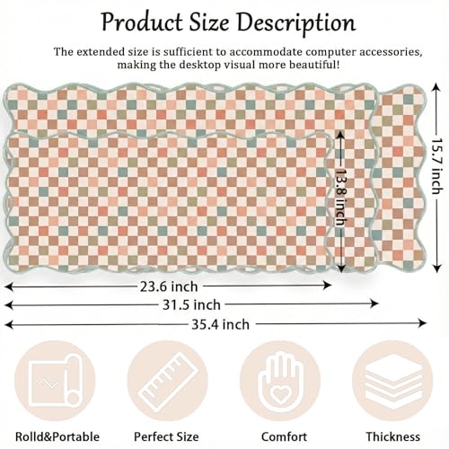 Scalloped Desk Mat Extended Large Cute Mouse Pad XXL Aesthetic Desk Pad Boho Plaid Mousepad Retro Beige Checkered Mouse Pad for Keyboard Computer Stitched Edges Non-Slip Home Office 35.4X15.7Inch - color: Multi, size: 35.4" x 15.7"