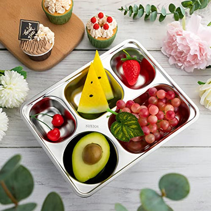Foaincore 8 Pack 304 Stainless Steel Divided Plates Rectangular Portion Control Plates with Compartments Unbreakable Metal Food Tray for Lunch, Dinner, Camping, Heavy Gauge (5 Compartment) - style: 5 Compartment