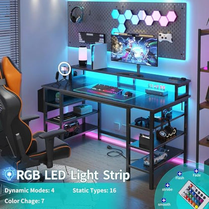 Lufeiya Gaming Desk with LED Lights and Storage Shelves, 47 inch Computer Desk with Power Outlets, Home Office Desk with Monitor Stand, Writing Table PC Desks, Black - color: Black