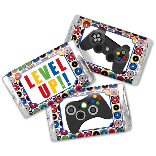 Game On! Video Gamer Birthday Party Mini Chocolate Candy Bar Sticker Wrappers for Kids, 45 1.4" x 2.6" Wrap Around Labels by AmandaCreation, Great for Party Favors