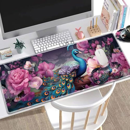 Large Gaming Mouse Pad + Mouse Wrist Rest Pad + Coaster Combination, 31.5 "x 11.8" Durable Non-Slip Extension Table Mat, Suitable for Office and Home, Peacock and Flowers - color: Peacock and Flowers