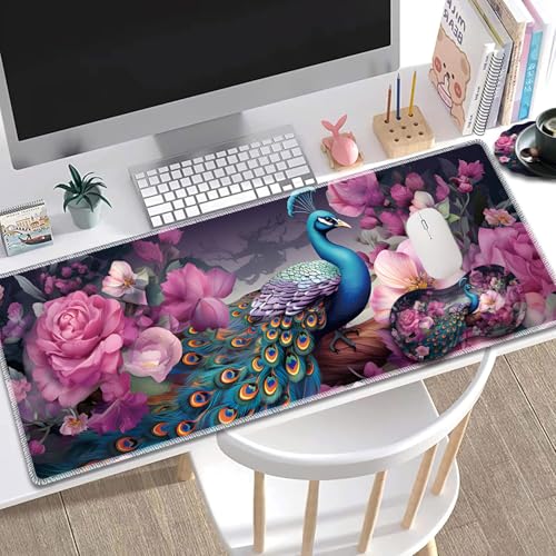 Large Gaming Mouse Pad + Mouse Wrist Rest Pad + Coaster Combination, 31.5 "x 11.8" Durable Non-Slip Extension Table Mat, Suitable for Office and Home, Peacock and Flowers - color: Peacock and Flowers