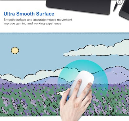 IMAYONDIA Anime Lavender Desk Mat Cute, Green Purple Blue XL Large Gaming Mouse Pad for Laptop, Kawaii Landscape Japanese Deskmat, Mousepad Computer Pad, 31.5 X 11.8 Inch - color: Lavender Landscape