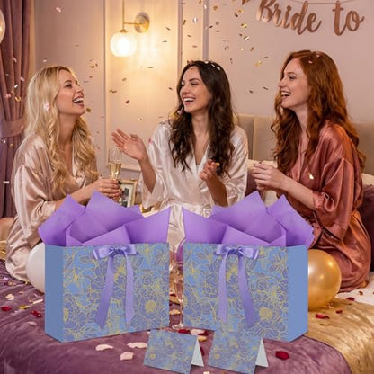 woric 2 Pcs Purple Gift Bag with Handle, 13.7" Birthday Gift Bags for Women | Floral Designs, Ribbon Handle, 4 Tissue Paper & 2 Greeting Cards, Women Birthday, Anniversary, Wedding Bridal Showers - color: Purple
