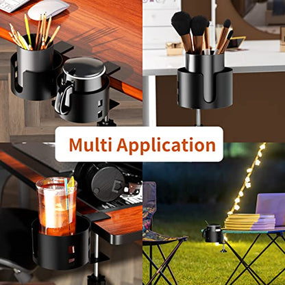 Upgraded Large Desk Cup Holder Clamp, OOKUU Anti-Spill Table Cup Holder, Metal Office & PC Gaming Desk Accessories, Compatible with Universal Cup, Bottles, Pencil Holder (Black) - color: Black, size: 1 Pack, 3.95 inch