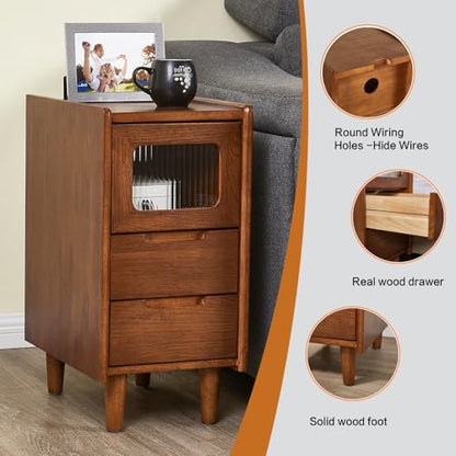Narrow Nightstand 2 Drawers & Glass Door Cabinet with Open Shelf Narrow Night Stand Solid Wood Bedside Table Mid Century Modern Nightstand Wooden End Table for Bedroom, Living Room, Study, Office - size: 11.81"W × 15.75"D × 23.81"H