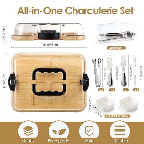 Kochorie 10 Pieces Portable Bamboo Cheese Board Set Charcuterie Board with Lid and Handle, Knife Set Meat Fruit Serving Tray Platter for Travel Picnic Kitchen House Warming Gifts (Rectangular)